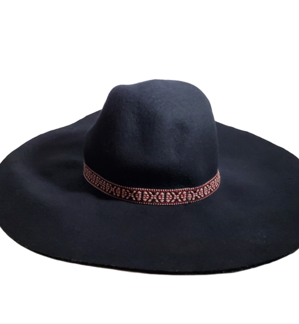 AMERICAN EAGLE Black 100% Wool Felt Wide Brim Floppy Hat with Band Classic EUC - Picture 3 of 6